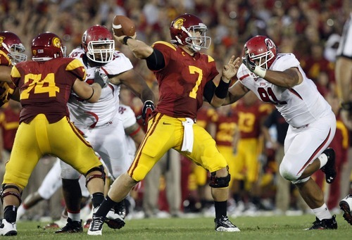 Chris Detrick  |  The Salt Lake Tribune
USC Trojans quarterback Matt Barkley (7) passes the ball during the second half of the game at the Los Angeles Memorial Coliseum Saturday September 10, 2011.