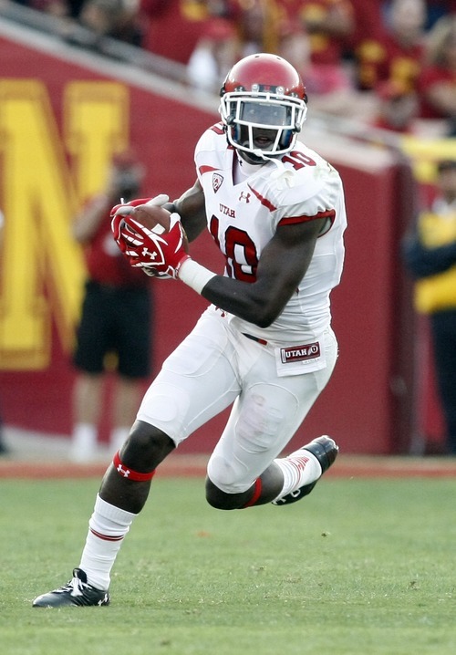 Chris Detrick  |  The Salt Lake Tribune
Utah Utes wide receiver DeVonte Christopher (10) runs the ball during the second half of the game at the Los Angeles Memorial Coliseum Saturday September 10, 2011.