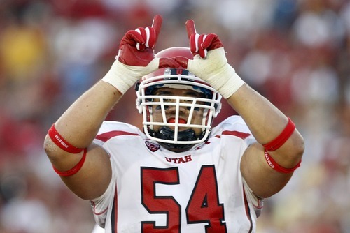 Chris Detrick  |  The Salt Lake Tribune
Utah Utes offensive linesman Tevita Stevens (54) celebrates during the second half of the game at the Los Angeles Memorial Coliseum Saturday September 10, 2011.