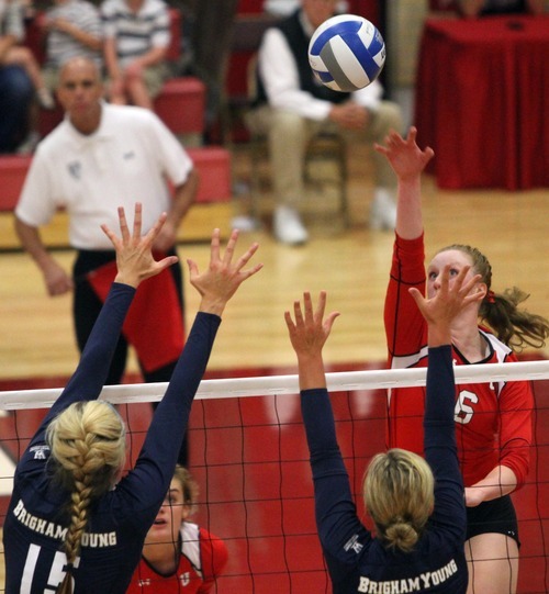 Rick Egan  | The Salt Lake Tribune 

Utah's Morgan Odale hits the ball for the Lady Utes, in volleyball action, Utah vs. BYU, in Salt Lake City, Saturday, September 10, 2011.