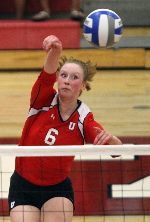 Rick Egan  | The Salt Lake Tribune 

Utah's Morgan Odale hits the ball for the Lady Utes, in volleyball action, Utah vs. BYU, in Salt Lake City, Saturday, September 10, 2011.