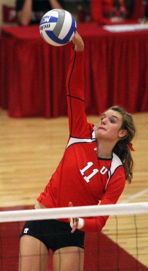 Rick Egan  | The Salt Lake Tribune 

Utah's Chelsey Schofield spikes the ball for the Lady Utes, in volleyball action, Utah vs. BYU, in Salt Lake City, Saturday, September 10, 2011.