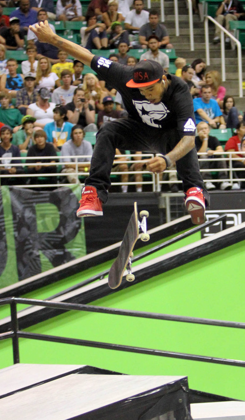 Skater Manny Santiago competes in the Dew Tour skateboard street finals held in the Energy Solutions Arena in Salt Lake City.
Stephen Holt/ Special to the Tribune