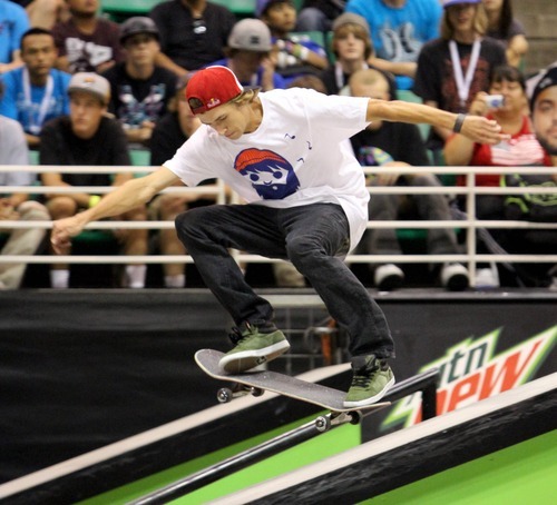 Skater Ryan Decenzo takes first palce in the Dew Tour skateboard street finals held in the Energy Solutions Arena in Salt Lake City.
Stephen Holt/ Special to the Tribune