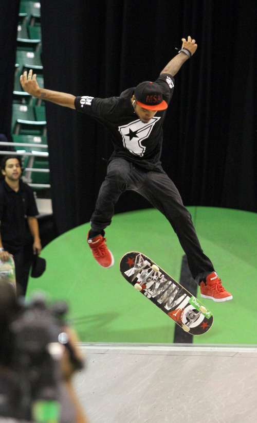 Skater Manny Santiago competes in the Dew Tour skateboard street finals held in the Energy Solutions Arena in Salt Lake City.
Stephen Holt/ Special to the Tribune