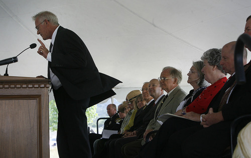 Scott Sommerdorf  |  The Salt Lake Tribune             
Scott Fancher speaks while a persistent wind blows through the tent at the Mountain Meadows massacre site ceremony, Sunday, September 11, 2011.