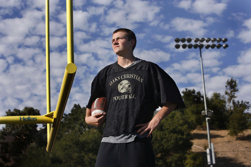 Scott Sommerdorf  |  The Salt Lake Tribune             
Luke Falk poses on the football field at Oaks Christian High School, Sunday, September 4, 2011.