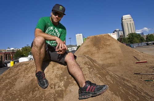 Djamila Grossman  |  The Salt Lake Tribune

BMX rider TJ Lavin helps set up the dirt jumps for this year's Dew Tour in downtown Salt Lake City.  He poses for a portrait on one of the jumps, on Sunday, Sept. 4, 2011. Lavin fell last year and was injured while competing.