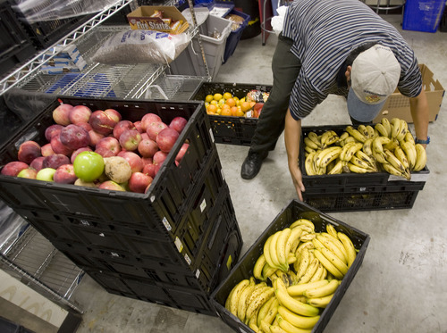 Al Hartmann  |  The Salt Lake Tribune

A volunteer at Hildegard's Food Pantry sorts through fruit for freshness.  The pantry is always busy and is having a harder time keeping the shelves stacked.