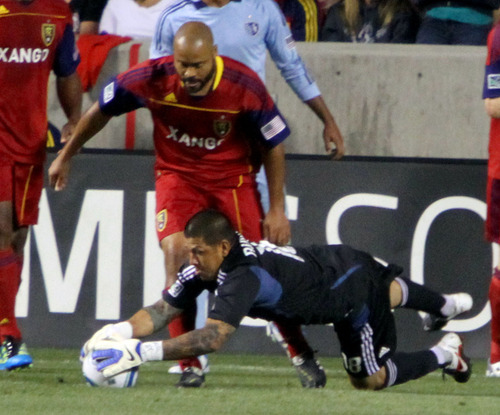 Real Salt Lake goalkeeper Nick Rimando makes a save during the first half against Sporting Kansas City in Rio Tinto Stadium.
Stephen Holt/ Special to the Tribune