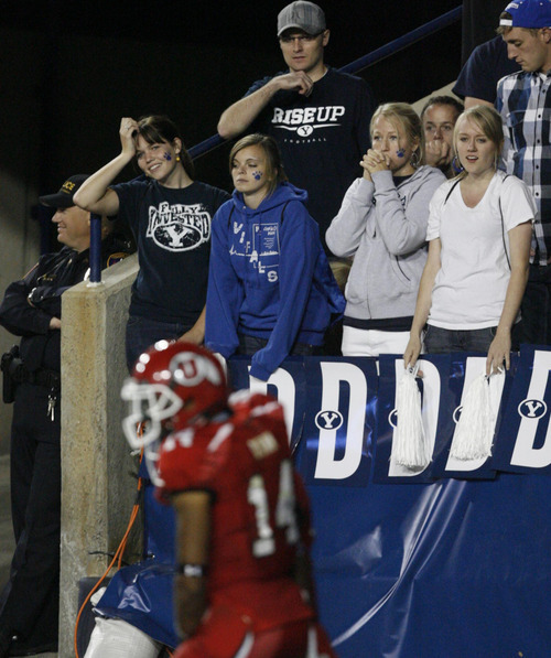 Trent Nelson | The Salt Lake Tribune

BYU fans react to a Utah touchdown during BYU's game against Utah at Lavell Edwards Stadium in Provo, Utah September 17, 2011.