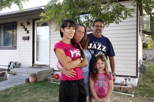 Trent Nelson  |  The Salt Lake Tribune
The Martinez family of Kearns has three generations living under their roof -- a rapidly growing trend in Utah. Pictured here are (left to right) Kelli Martinez, Lynette Martinez, Lee Martinez and Vanessa Thompson in their front yard.