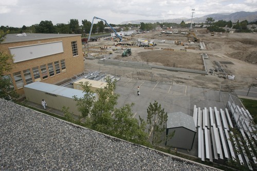 Rick Egan  | The Salt Lake Tribune 

View of the construction of the new Olympus high school from the roof of the existing building, Friday, September 16, 2011. Olympus High is being rebuilt on the site of the old school while students are in the old building