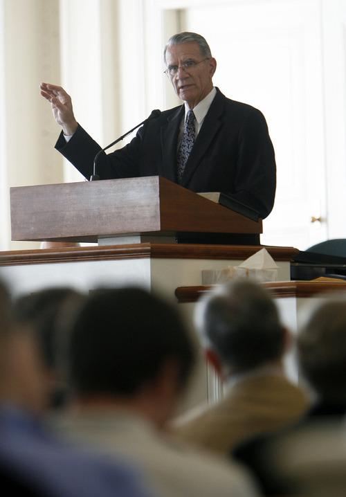 Francisco Kjolseth  |  The Salt Lake Tribune
LDS general authority Jay E. Jensen of the Presidency of the Seventy gives a keynote address at the annual Evergreen Education and Resource Conferencein in the chapel at the Joseph Smith Memorial Building in Salt Lake City on Saturday. Evergreen is a group that reaches out to Mormons with same-sex attraction.