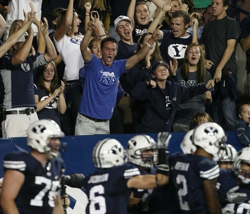 Trent Nelson  |  The Salt Lake Tribune
BYU fans celebrate a third quarter touchdown by JJ Di Luigi. BYU vs. Central Florida, college football at LaVell Edwards Stadium in Provo, Utah, Friday, September 23, 2011.