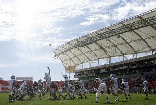 Chris Detrick  |  The Salt Lake Tribune
Jordan kicks a field goal during the game at Rio Tinto Stadium Saturday September 24, 2011. Jordan won the game 39-0.