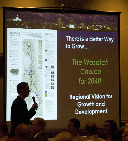 Paul Fraughton  |  The Salt Lake Tribune 
Andrew Gruber, executive director of the Wasatch Front Regional Council, speaks at the quarterly consortium meeting of Wasatch 2040. Community, business and political leaders are hoping to help guide the area's expected population growth in ways the help preserve quality of life with such things as open space, clean air and transportation and transit systems that aren't gridlocked.