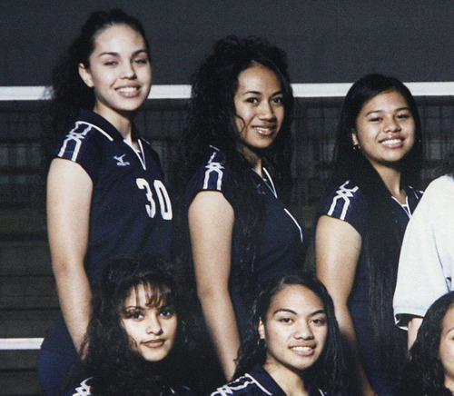 Scott Sommerdorf  |  The Salt Lake Tribune             
Former Hunter volleyball player Janelle Tongaonevai (upper center) shown with the Hunter Volleyball team in 2004 in her senior year. Tongaonevai wife of University of Utah defensive lineman Ron Tongaonevai, and passed away following a Sept. 1 car accident that also involved her sister Jazmyn Davidson. The team is organizing a fundraiser for the Davidson family.