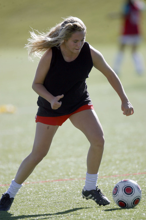 Francisco Kjolseth  |  The Salt Lake Tribune
Maggie Reigelsperger of Park City practices with the team on the soccer fields next to the Park City Ice Arena on Monday. Park City started Region play 4-0 and is vying for a league title with two weeks remaining.