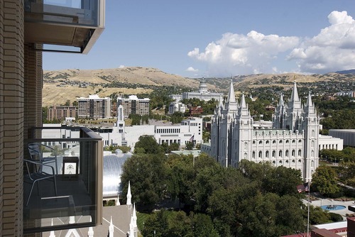 Trent Nelson  |  The Salt Lake Tribune
The view of Temple Square from the balcony of a condominium on the 15th floor of the Promontory building, looking down into City Creek Center in downtown Salt Lake City, Utah, on Thursday, September 15, 2011.