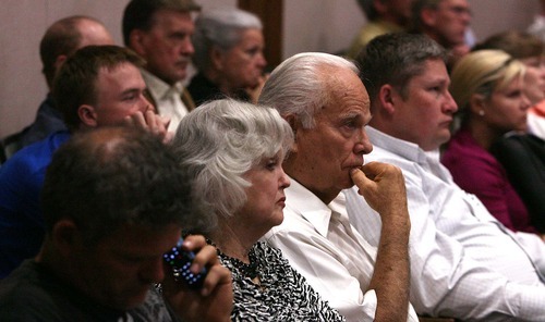 Leah Hogsten | The Salt Lake Tribune
The public listens as Provo's Municipal Council  announced  Tuesday, September 27 2011 after a closed-door session that councilman Steve Turley resigned. Turley was accused of not disclosing conflicts of interest, using his office for personal gain and undermining government efficiency by working against council colleagues.