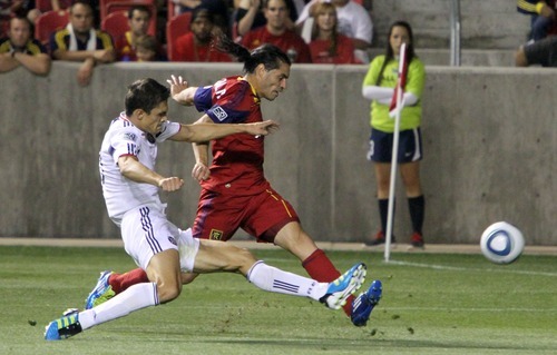 Real Salt Lake forward Fabian Espindola makes a shot on goal during RSL's 0-3 home loss against the Chicago Fire in Rio Tinto Stadium.
Stephen Holt/ Special to the Tribune