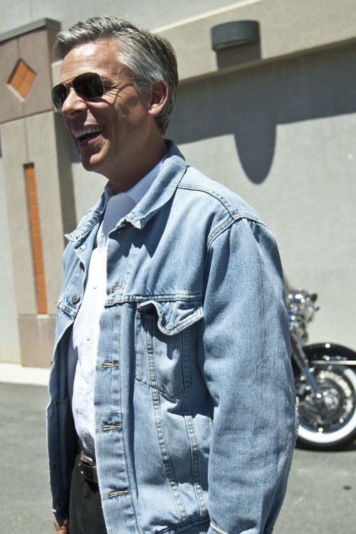 Chris Detrick | Tribune file photo
Presidential candidate and former Utah Gov. Jon Huntsman arrives at Harley-Davidson of Salt Lake bike shop on July 16.