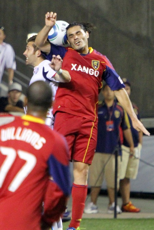 Real Salt Lake forward Fabian Espindola makes a header during RSL's 0-3 home loss against the Chicago Fire in Rio Tinto Stadium.
Stephen Holt/ Special to the Tribune