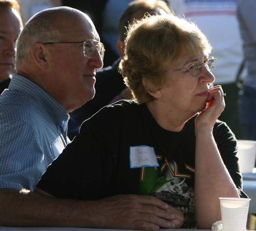 Leah Hogsten | The Salt Lake Tribune
Democratic LDS political supporters  Bill and Sherri Park of Midvale listen to the stump speeches of Utah's representatives and senators at the Utah State Democratic Party's LDS Dems Kick-off pancake breakfast on  Saturday, October 1, 2011 in Murray Park.