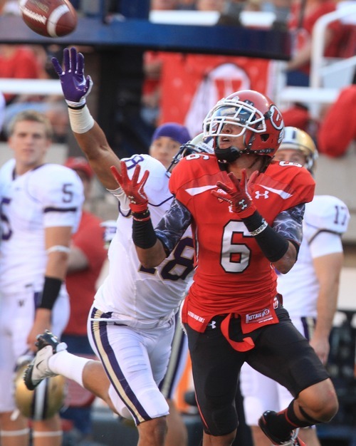 Rick Egan  | The Salt Lake Tribune 

Washington Huskies cornerback Gregory Ducre (18) defends as Utah Utes wide receiver Dres Anderson (6) waits for the ball, in Pac-12 action, Utah vs. University of Washington, at Rice-Eccles stadium, Saturday, October 1, 2011. The pass was incomplete.