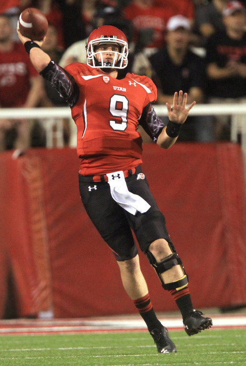 Rick Egan  | The Salt Lake Tribune 
 
Utah Utes quarterback Jon Hays (9) throws down field,  in Pac-12 action, Utah vs. University of Washington, at Rice-Eccles stadium, Saturday, October 1, 2011.