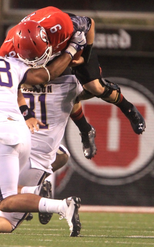 Rick Egan  | The Salt Lake Tribune 

Washington Huskies linebacker Cort Dennison (31) picks up  Utah Utes quarterback Jon Hays (9), in Pac-12 action, Utah vs. University of Washington, at Rice-Eccles stadium, Saturday, October 1, 2011.