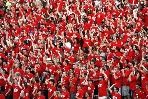 Rick Egan  | The Salt Lake Tribune 

Utah fans do the 3rd down jump, in Pac-12 action, Utah vs. University of Washington, at Rice-Eccles stadium, Saturday, October 1, 2011.