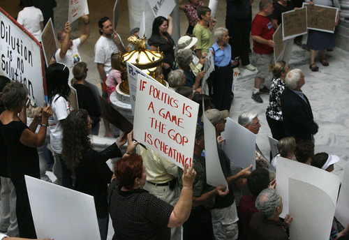 Scott Sommerdorf  |  The Salt Lake Tribune             
Protestors of the Utah Legislature's redistricting rally in the rotunda of the state Capitol, Monday, Oct. 3, 2011.