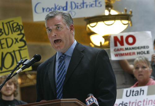 Scott Sommerdorf  |  The Salt Lake Tribune             
Salt Lake County Mayor Peter Corroon speaks against the Legislature's redistricing plan during a rally in the Capitol on Monday. He called Republican-endorsed plan 