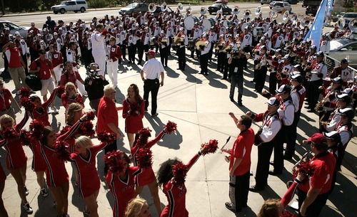 Trent Nelson  |  The Salt Lake Tribune
Utah's marching band plays as the team arrives for the game. Utah vs. Washington, college football at Rice-Eccles Stadium in Salt Lake City, Utah, Saturday, October 1, 2011.