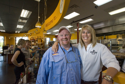 Paul Fraughton  |  The Salt Lake Tribune 
Rand and Jo  Kunz at their  Great Harvest Bread Co. in Taylorsville. Their bakery makes more than $1 million in sales annually.