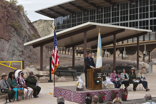 Chris Detrick  |  The Salt Lake Tribune
Gov. Gary R. Herbert speaks during the Grand Opening Celebration of the Quarry Exhibit Hall at Dinosaur National Monument on Tuesday, Oct. 4, 2011. The old Quarry Exhibit Hall was closed in July 2006 due to safety hazards. The Carnegie Quarry contains nearly 1,500 fossils.  In addition to the fossil wall, the facility features exhibits about dinosaurs and other life from the Jurassic period.