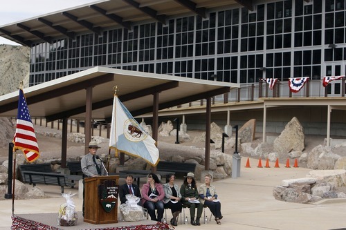Chris Detrick  |  The Salt Lake Tribune
Dan Chure, park paleontologist, speaks during the Grand Opening Celebration of the Quarry Exhibit Hall at Dinosaur National Monument on Tuesday, Oct. 4, 2011. The old Quarry Exhibit Hall was closed in July 2006 due to safety hazards. The Carnegie Quarry contains nearly 1,500 fossils.  In addition to the fossil wall, the facility features exhibits about dinosaurs and other life from the Jurassic period.