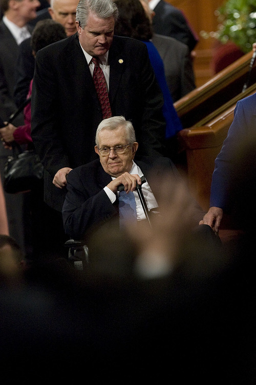 Scott Sommerdorf  |  The Salt Lake Tribune             
President Boyd K. Packer is wheeled from the afternoon session of the 181st Semiannual General Conference in Salt Lake City, Sunday, October 2, 2011.
