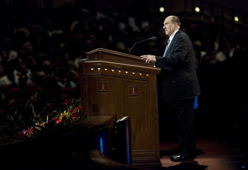 Scott Sommerdorf  |  The Salt Lake Tribune             
President Thomas S. Monson speaks to those attending the afternoon session of the 181st Semiannual General Conference in Salt Lake City, Sunday, October 2, 2011.