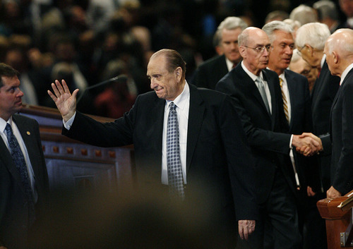 Scott Sommerdorf  |  The Salt Lake Tribune             
President Thomas S. Monson waves goodbye to those attending the afternoon session of the 181st Semiannual General Conference in Salt Lake City, Sunday, October 2, 2011.