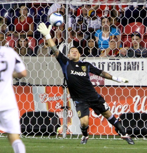 Real Salt Lake goalkeeper Nick Rimando lets one slip by for a Chicago Fire goal during their 0-3 home loss in Rio Tinto Stadium.
Stephen Holt/ Special to the Tribune