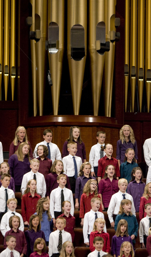 Jeremy Harmon  |  The Salt Lake Tribune

A choir made up of children from Pleasant View and North Ogden sings the hymn Praise to the Man during the Saturday afternoon session of the 181st Semiannual General Conference of The Church of Jesus Christ of Latter-day Saints.