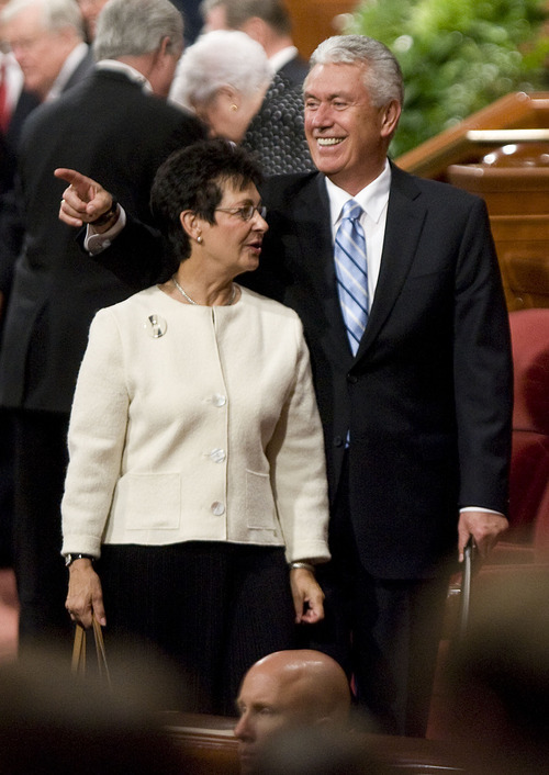 Jeremy Harmon  |  The Salt Lake Tribune

President Dieter F. Uchtdorf points to someone in the crowd as he and his wife, Harriet Uchtdorf, leave after the Saturday afternoon session of the 181st Semiannual General Conference of The Church of Jesus Christ of Latter-day Saints on Saturday, Oct. 1, 2011.