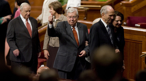 Jeremy Harmon  |  The Salt Lake Tribune

Elder M. Russell Ballard, center, gives a thumbs up to the crowd as he and other members of the Quorum of the Twelve leave the stand after the Saturday afternoon session of the 181st Semiannual General Conference of The Church of Jesus Christ of Latter-day Saints on Saturday, Oct. 1, 2011.