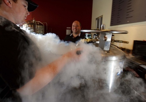 Trent Nelson  |  The Salt Lake Tribune
Hunter Rippe is covered in fog as liquid nitrogen freezes cream and flavored ingredients into ice cream at Sub Zero Ice Cream in Centerville, with Scott Rippe in background. Sub Zero Ice Cream is an American Fork-based business that is expanding into Davis County. Instead of serving up frozen ice cream, servers mix up the combination of creams, milks or yogurts a customer wants, then uses liquid nitrogen to freeze the mixture. , Saturday, December 5 2009 in Centerville.