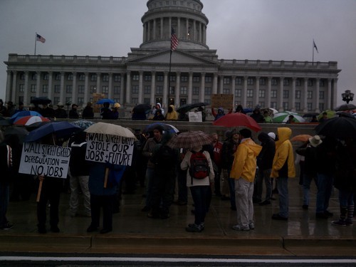 Leah Hogsten  |  The Salt Lake Tribune
Occupy SLC supporters brave rain and cold as they gather on Thursday near the state Capitol.