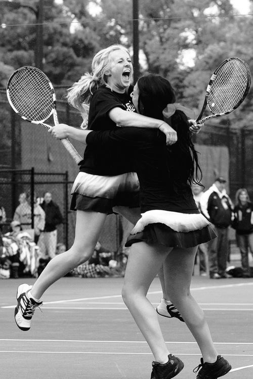 Chris Detrick  |  The Salt Lake Tribune
Alta's Ashley Anderson and Brie Beck celebrate after winning the 5A girls' doubles state tennis tournament against Lone Peak's Torie Wake and Lauren Lefrandt at Liberty Park Saturday October 8, 2011.