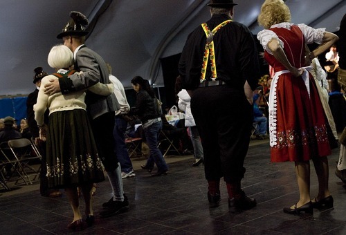 Djamila Grossman  |  The Salt Lake Tribune
People leave the dance floor after a waltz at Oktoberfest at Snowbird ski resort on Sunday.